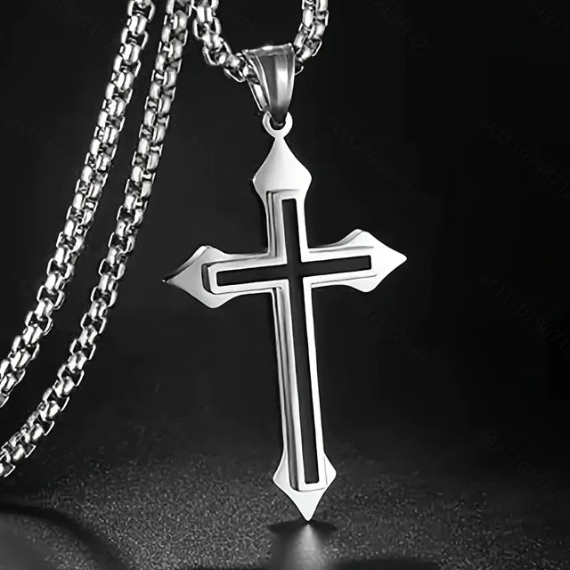 Cross Silver & Black Necklace